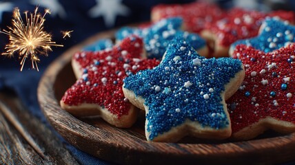 Sparkling red and blue star cookies on a wooden tray with golden fireworks on silverware, celebrating patriotic spirit.