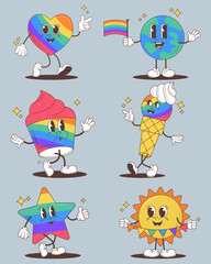 Vector illustration. Rainbow heart, cupcake, cone, planet, star and smiling sun form a radiant group of cartoon Pride characters, full of movement and fun. Concept of celebration, pride month, love