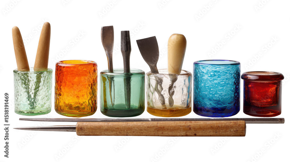 Aufkleber various glass blowing tools with wooden handles are neatly arranged in colorful textured glass cups 