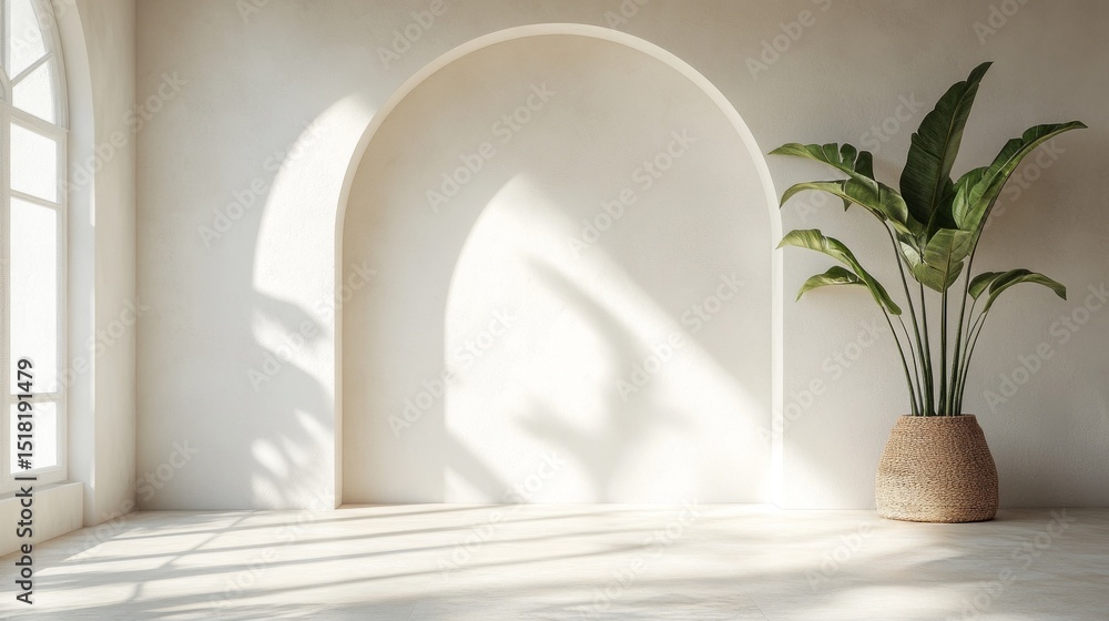 Poster soft midday light casts shadows on bare walls of a minimalist room featuring an elegant arch and a t