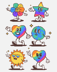 Vector illustration. Flower, hearts, sun and planet march as one happy team in vibrant queer energy and Pride parade atmosphere. Concept of freedom, love, gender, human rights. Printable stickers