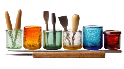 Various glass blowing tools with wooden handles are neatly arranged in colorful textured glass cups on a transparent background, creating a vibrant and organized display of craftsmanship tools