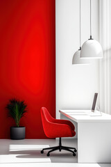 Modern minimalist office interior featuring red wall, white desk, and plant