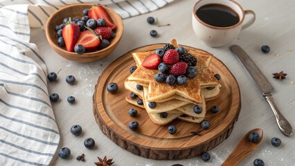 Delicious star-shaped pancakes topped with fresh berries and coffee, a perfect morning treat.