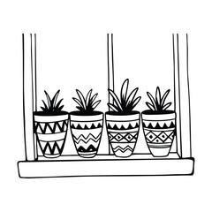 Hand drawn black and white illustration of potted plants inside a window sill for home decor or graphic design projects