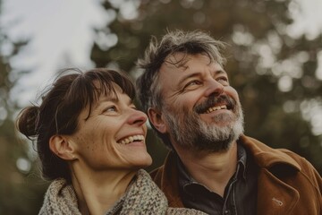 Portrait of a cheerful caucasian couple in their 40s expressing their feelings