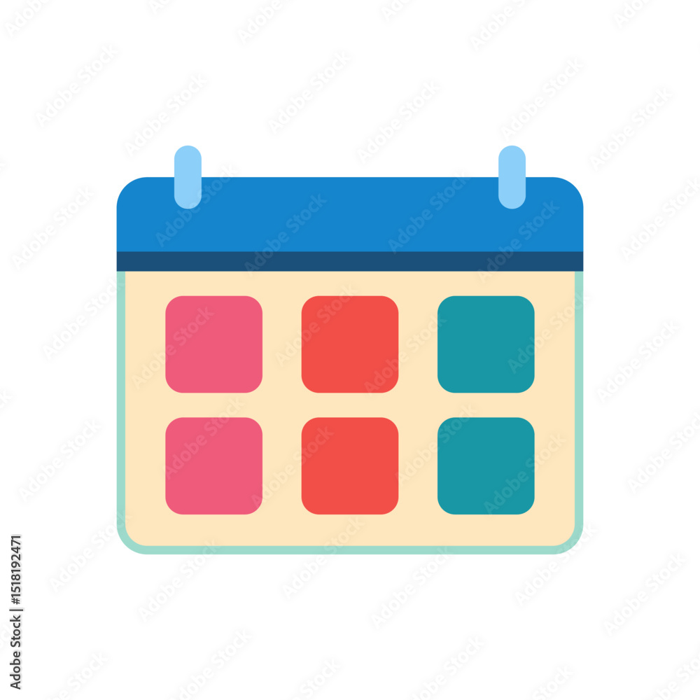 Poster modern flat style calendar graphic with blue header and multicolor date boxes for planner interface