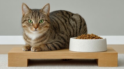 A cat is sitting on a wooden platform next to a bowl of food