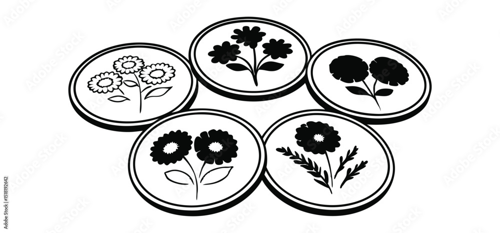 Poster five different floral emblems inside circular frames with a black and white design for design and de