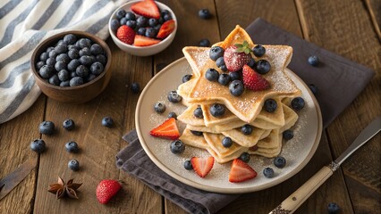 A delicious stack of star-shaped pancakes is topped with fresh blueberries and strawberries.