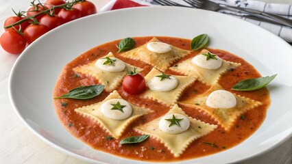 Delicious ravioli in tomato sauce, topped with mozzarella and fresh basil, ready to eat.