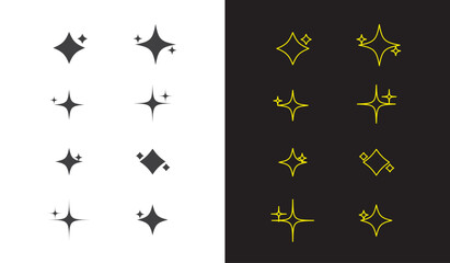 Shine and sparkle stars icon on light background. Clean symbol. Bright, star, lightning, astronomy, glowing light, twinkle effect. Outline, flat and colored style. Flat design. Vector illustration.