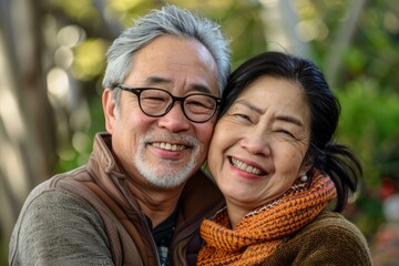 Portrait of a glad asian couple in their 40s having fun