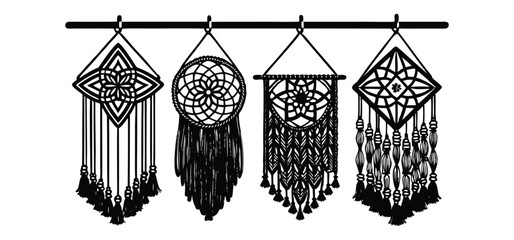 Detailed black and white illustration of four different handcrafted macrame wall hangings decorating a modern bohemian style interior