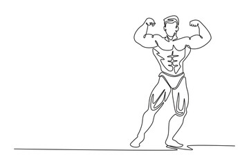 Continuous one line drawing attractive bodybuilder demonstrating double biceps poses at sports competition. Sportsman with arms up clenching fists. Single line draw design vector graphic illustration