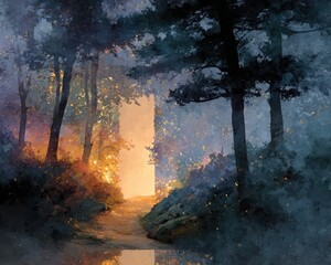 radiant soul journey art concept Enchanted Forest with Mystical Glow and Ethereal Pathway at Dusk spiritual transformation glowing path abstract soul light illustration