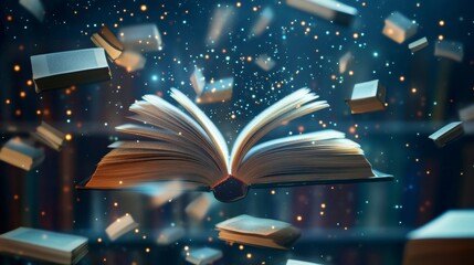 Enchanting Scene of Floating Books in a Magical Library Setting