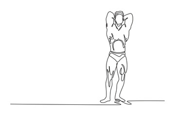 Single continuous line drawing topless muscular bodybuilder male posing with arms on head. Bulked up sportsman demonstrating body musculature. Dynamic one line draw graphic design vector illustration