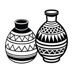 Decorative illustration featuring two abstract tribal patterned vases in black and white vector art design.