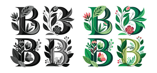 Decorative floral letter b design variations with artistic botanical illustrations against a white background for creative use.
