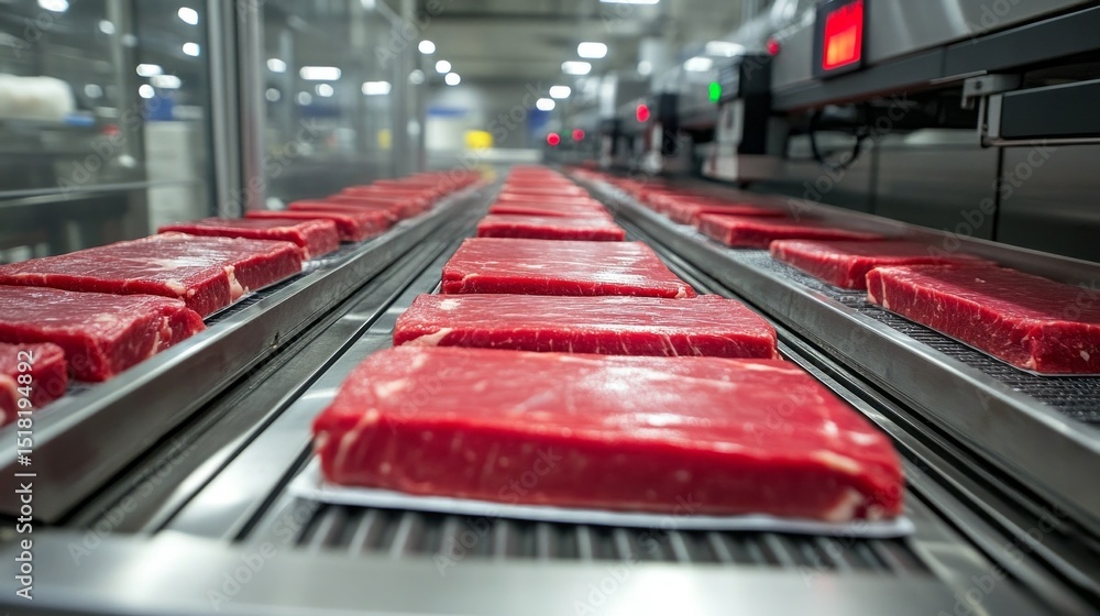 Aufkleber fresh cuts of beef line a conveyor belt in a state-of-the-art meat processing plant. the facility is