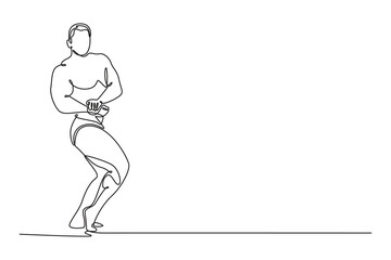 Single one line drawing strong muscular bodybuilder athletic man pumping up muscles on sports competition. Sportsman with ideal physique poses. continuous line draw design graphic vector illustration