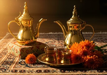Traditional Arabic tea served in ornate glasses, with a golden coffee pot and white flowers, creating an inviting and elegant ambiance.