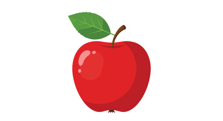 Vibrant red apple with a green leaf and stem isolated on white background, a simple and clean illustration