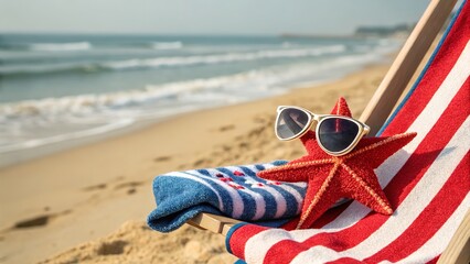 A red starfish wearing sunglasses, beach chair with a towel, and the beautiful ocean background.