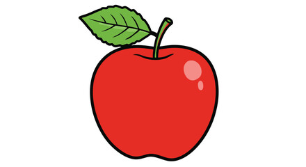 Vibrant red apple with a green leaf and stem isolated on white background, a simple and clean illustration