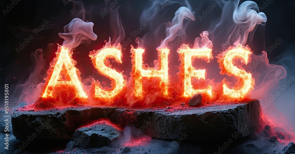 Poster fiery text spelling ashes rests upon stone. smoke rises, creating dramatic, intense visual effect. d