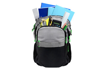 Grey school backpack with stationery on white background