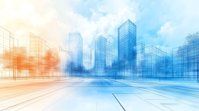 Abstract city skyline, architectural design, blueprint, urban development, futuristic cityscape.