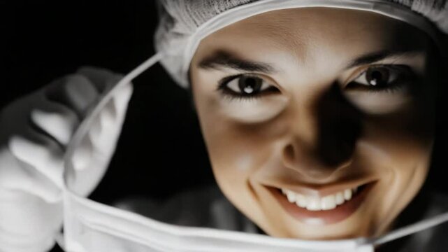 Female Surgeon Doctor or Nurse Smiling After Removing Protective Mask in a Hospital