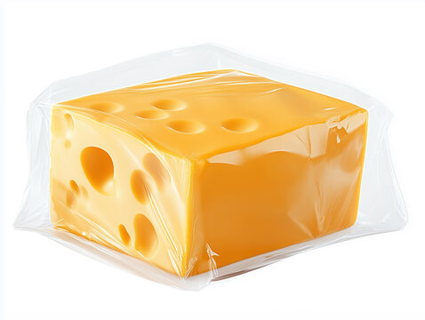 Piece of swiss cheese wrapped in transparent plastic film
