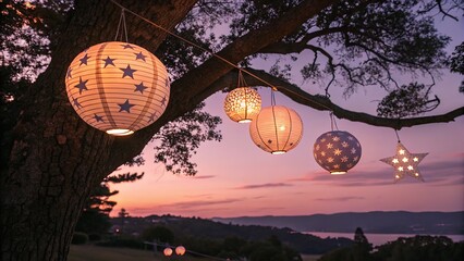 A tranquil scene of lanterns with star patterns lit in a tree against a colorful sunset sky.