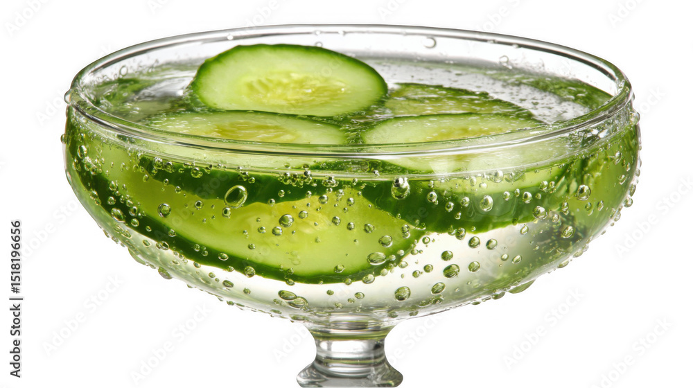 Poster cucumber slices floating in a sparkling cocktail served in a coupe glass, creating a refreshing and 
