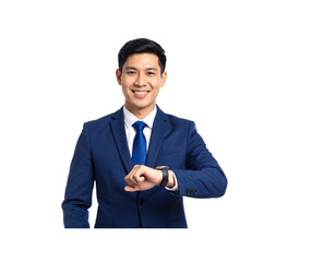 Smiling Asian businessman in a blue suit checking his wristwatch
