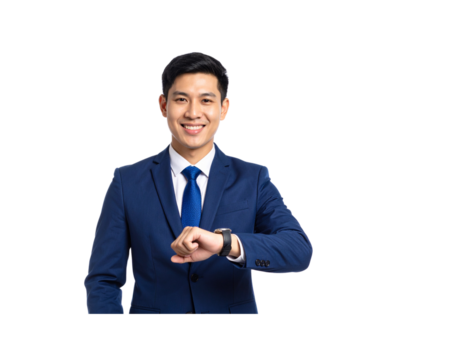 Smiling Asian businessman in a blue suit checking his wristwatch