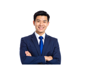 Smiling Asian Businessman in Navy Suit with Arms Crossed Confidently