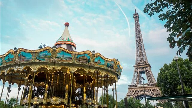A vibrant carousel stands in the foreground, showcasing its ornate design against the iconic Eiffel Tower under a bright sky in Paris. This picturesque scene captures the charm and allure of the city'