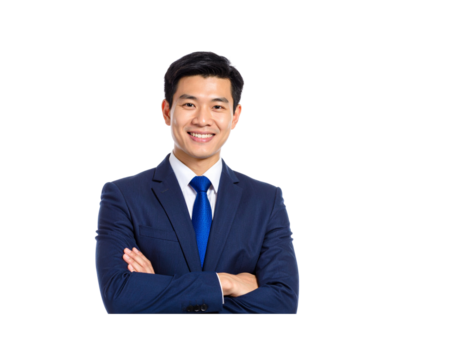 Smiling Asian Businessman in Navy Suit with Arms Crossed Confidently