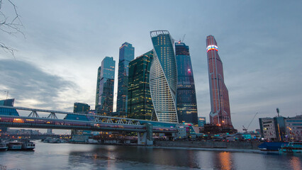 Fototapeta premium Skyscrapers International Business Center City day to night timelapse hyperlapse, Moscow, Russia