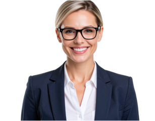 Smiling blonde businesswoman with black framed glasses and navy blue blazer