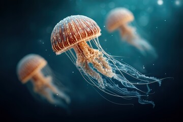 Fototapeta premium Glowing jellyfish swim through dreamy underwater scene ethereal environment surreal viewpoint