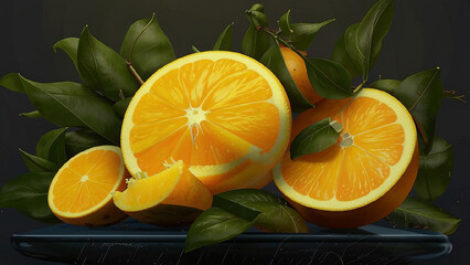 Juicy citrus fruits cut, drops of water.