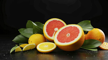 Juicy citrus fruits cut, drops of water.