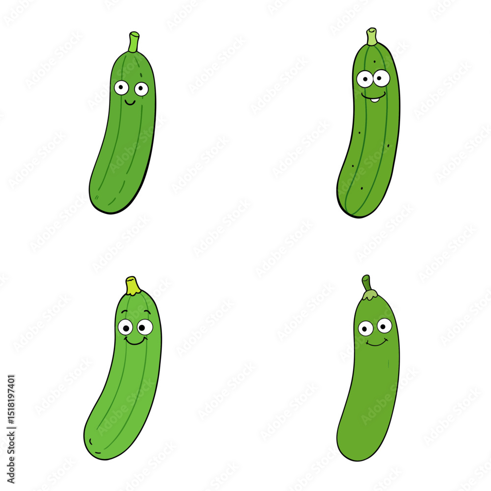 Poster four cartoon cucumbers with happy expressions arranged on a white background in a square pattern