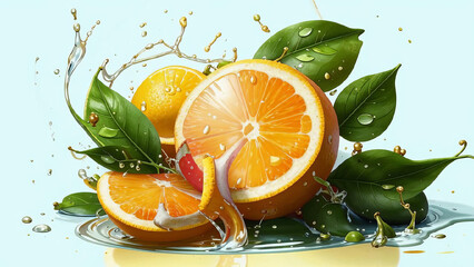 Juicy citrus fruits cut, drops of water.