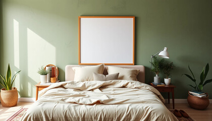 Cozy and inviting bedroom interior with a mock-up poster frame, bohemian-style bed, beige bedding, a green wall with a stucco finish, books, brown slippers, potted plants, and personal accessories.